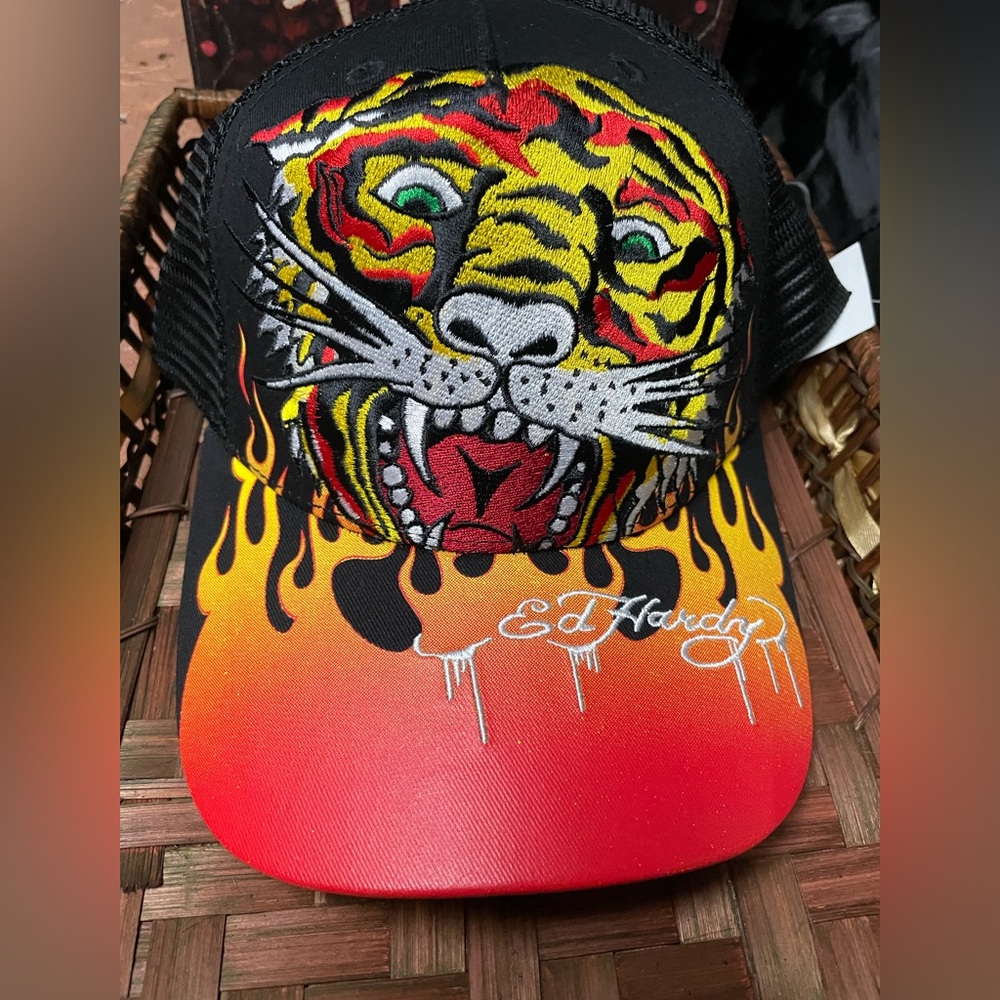 Ed Hardy Black Mesh Trucker Hat with Navy Brim
